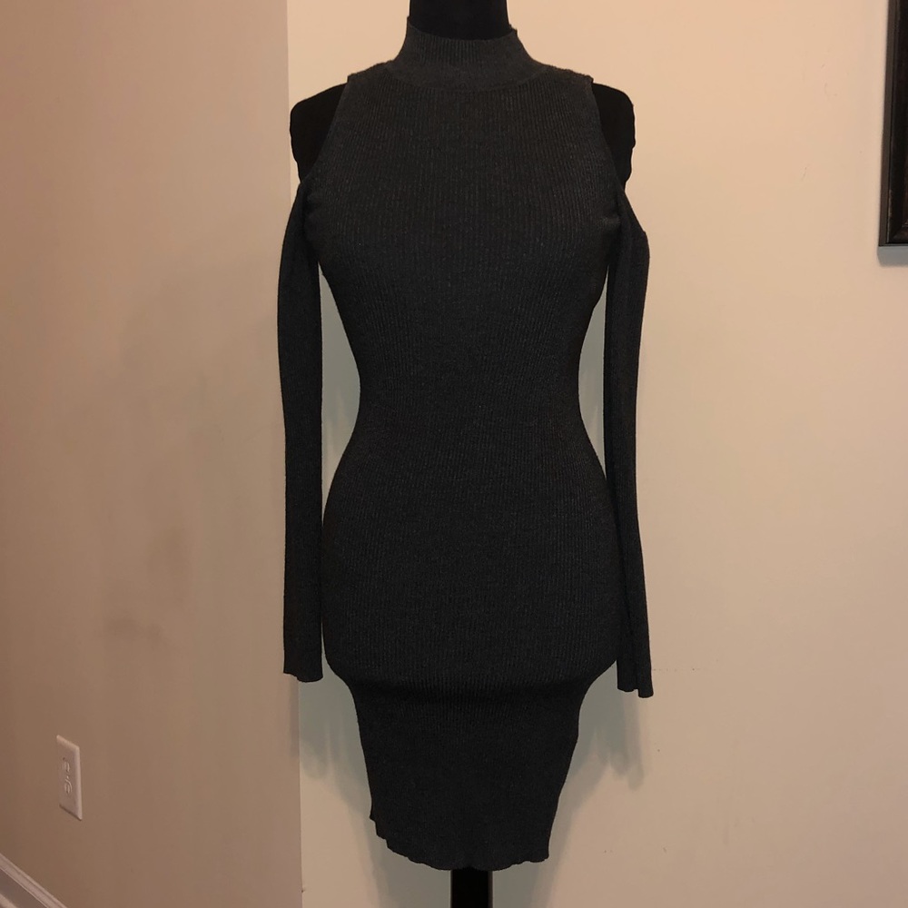 Charcoal gray cold shoulder sweater dress